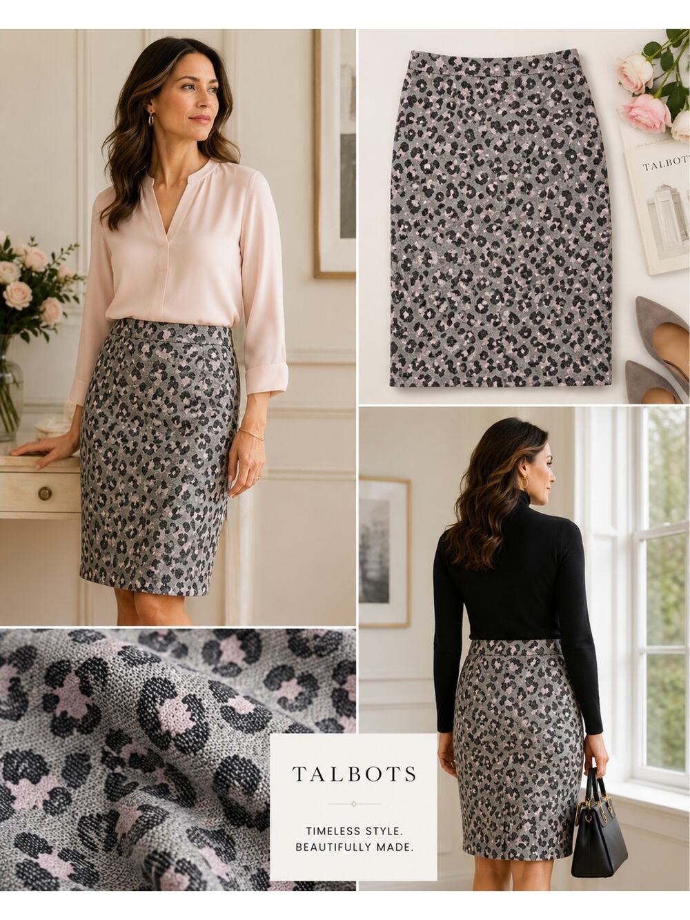 Talbots Gray Blush Leopard Print Pencil Skirt Jacquard Knit